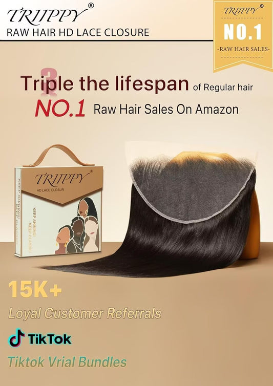 TRIIPPY Raw Hair 13x6 HD Lace Frontal Closure Straight,More Less Shedding than Regular Virgin Hair Closure,0.10mm Ultra-Thin 13x6 Swiss Real HD Lace with 100% Raw Cambodian Human Hair