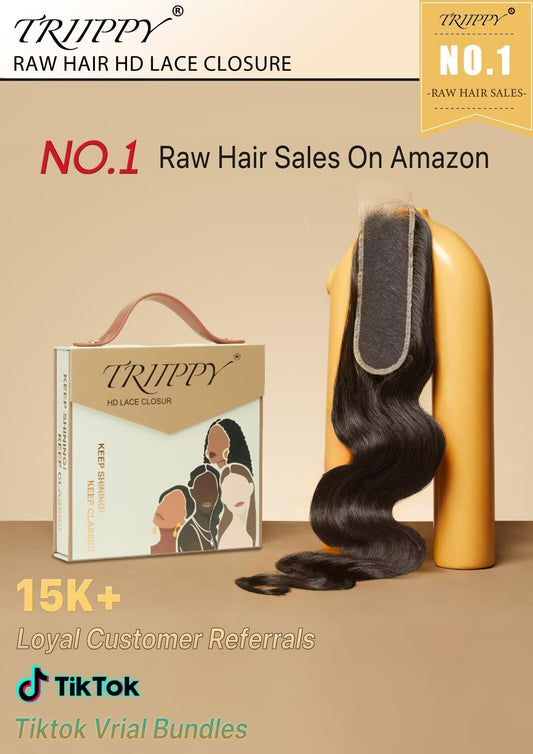 Triippy Raw Hair 2x6 HD Lace Closure Body Wave More Less Shedding than Regular Virgin Hair, 0.10mm Ultra-Thin 2x6 Swiss Real HD Lace with 100% Raw Cambodian Human Haires