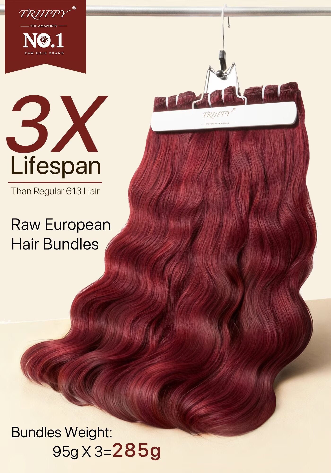TRIIPPY Burgundy Natural Body Wave Bundles Human Hair,100% Vietnamese Raw Human Hair Sew in Weave Single Bundle,5X Lifespan Over Regular 99j Hair,No.1 Raw Hair Brand On Amazon