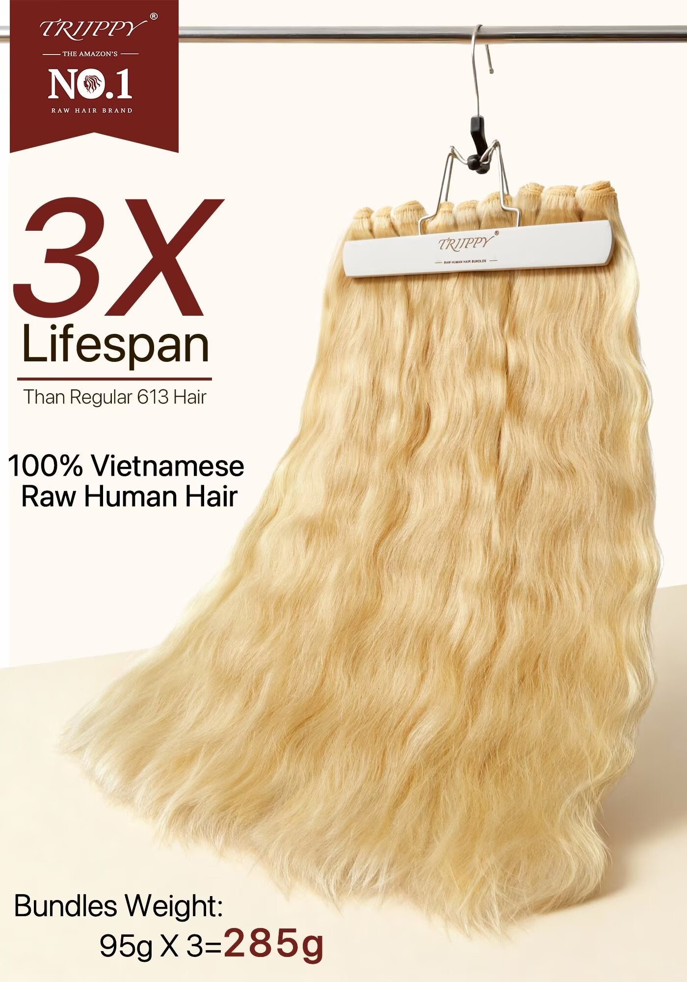 TRIIPPY Natural Honey Blonde Bundles Human Hair,100% Vietnamese Raw Human Hair Natural Body Wave Sew in Weave 3 Bundles,5X Lifespan Over Regular 613 Hair,No.1 Raw Hair Brand On Amazon